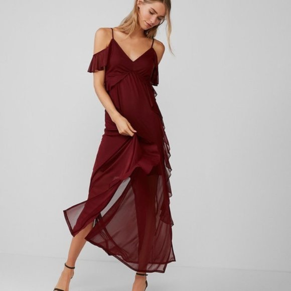 Express Cold Shoulder Ruffle Maxi Dress, Burgundy, S - Picture 1 of 7